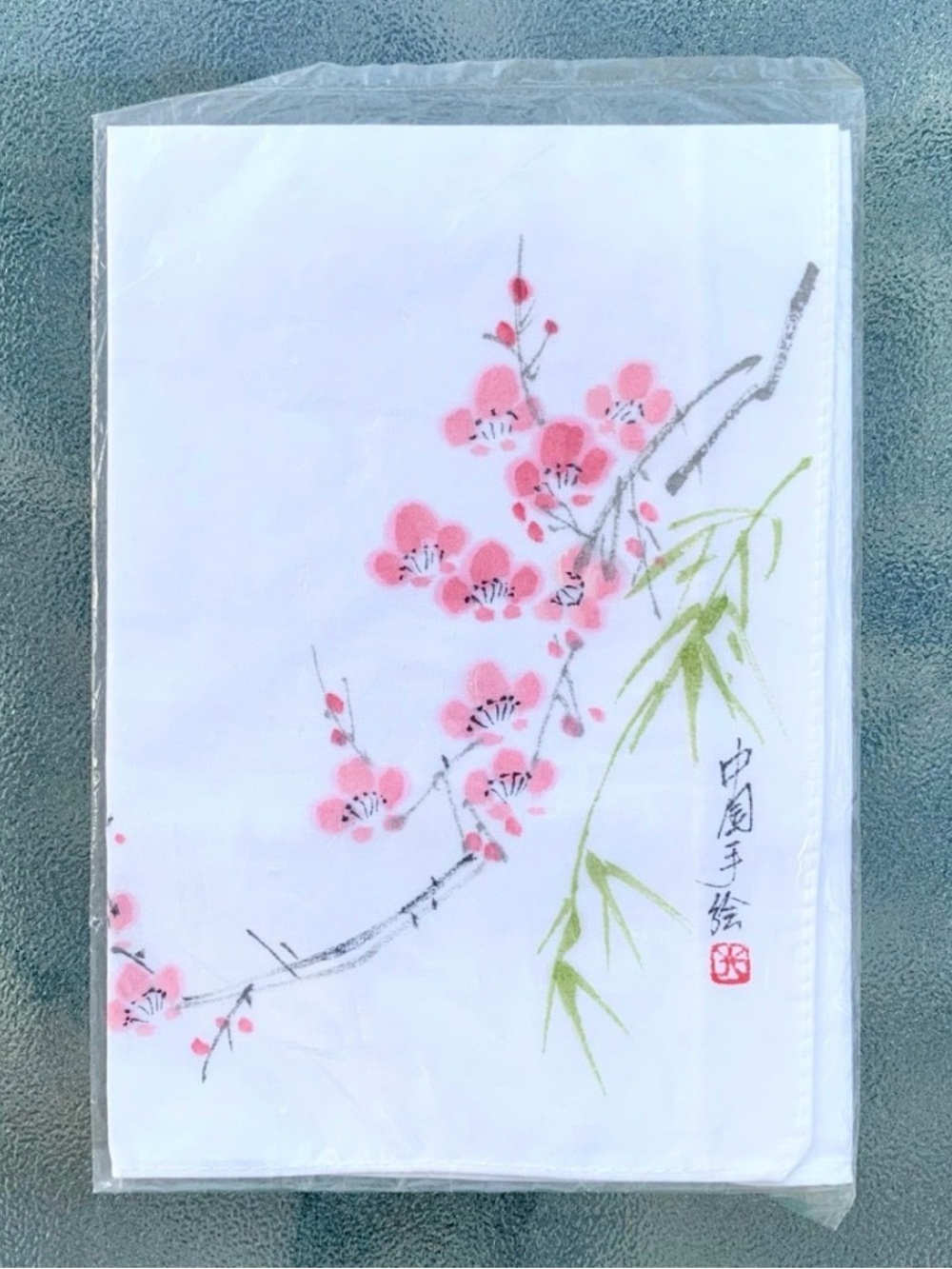 Hand-Painted Pink Cherry Blossom & Bamboo White Traditional Chinese Handkerchief